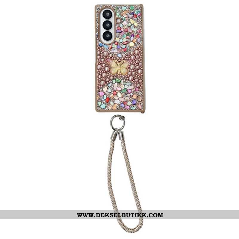 Deksel Samsung Galaxy Z Fold 7 Rhinestone-sommerfugl Med Stropp