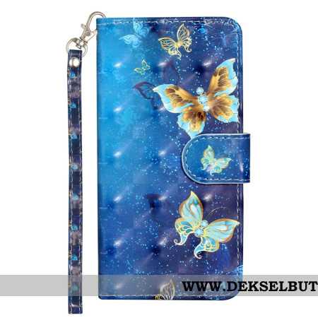 Folio Deksel Samsung Galaxy S25 Fe Blå Og Gullsommerfugler Med Snor Beskyttelse Deksel