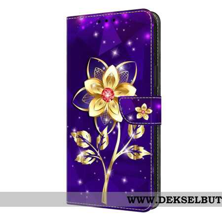 Folio Deksel Samsung Galaxy S26 Plus Gyldne Blomster På Lilla Bakgrunn