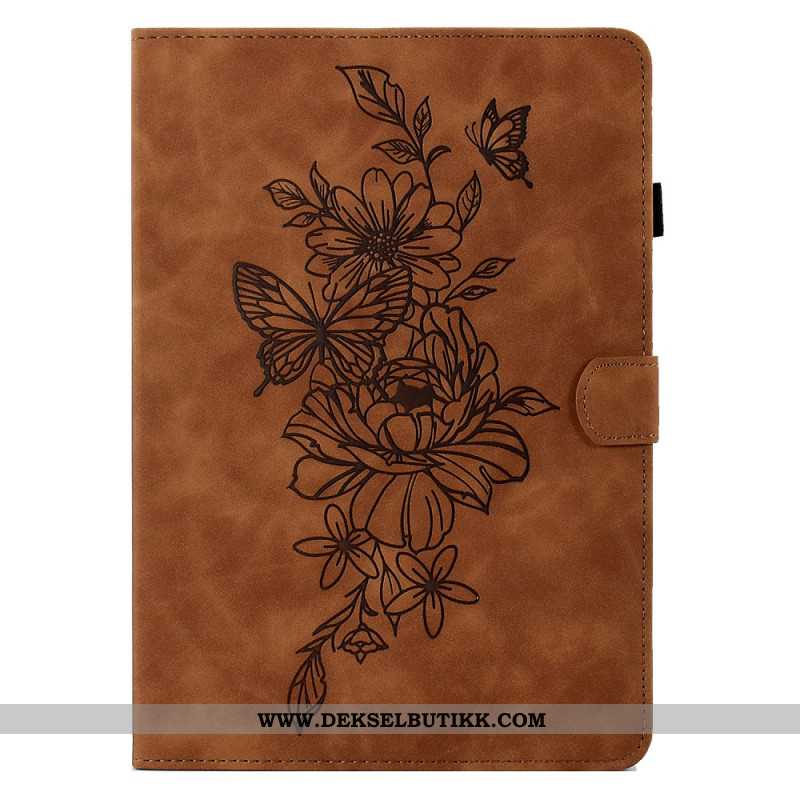 Folio Deksel Samsung Galaxy Tab S11 Blomster- Og Sommerfugleffekt I Semsket Skinn Beskyttelse Deksel