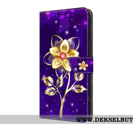 Folio Deksel Til Samsung Galaxy S25 Fe Gyldne Blomster På Lilla Bakgrunn