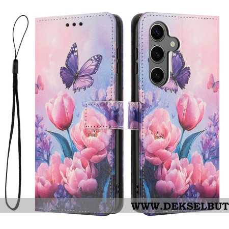 Folio Deksel Til Samsung Galaxy S26 Sommerfugl Og Rosa Blomster