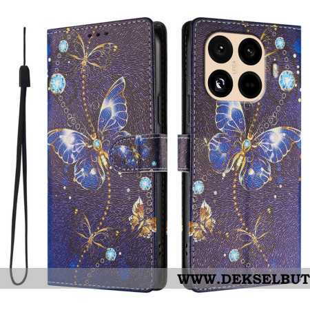 Folio Deksel Til Xiaomi 15t Pro Gull Og Blå Sommerfugler