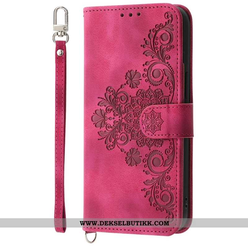 Folio Deksel Xiaomi 15 Pro Blomstermønster I Semsket Skinneffekt Med Stropp Og Skulderstropp