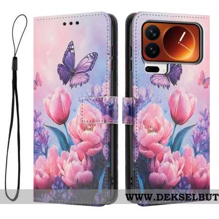 Folio Deksel Xiaomi 17 Pro Sommerfugler Og Rosa Blomster Beskyttelse Deksel