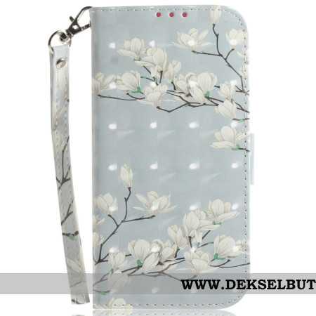 Folio Deksel Xiaomi Redmi Note 15 5g Hvite Magnoliaer Med Snor