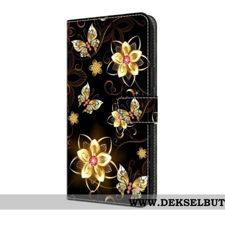 Lærdeksel Folio Deksel Samsung Galaxy S25 Fe Mobildeksel Gyldne Blomster Og Sommerfugler