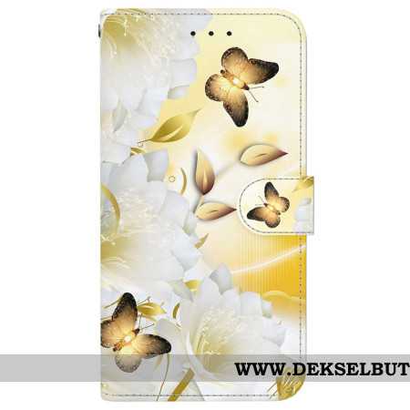 Lærdeksel Folio Deksel Samsung Galaxy S26 Gull Sommerfugler Og Blomster