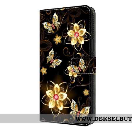Lærdeksel Folio Deksel Samsung Galaxy S26 Plus Mobildeksel Gullblomster Og Sommerfugler