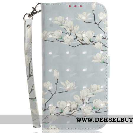 Lærdeksel Folio Deksel Xiaomi Redmi Note 15 Pro 5g Hvite Magnoliaer Med Stropper